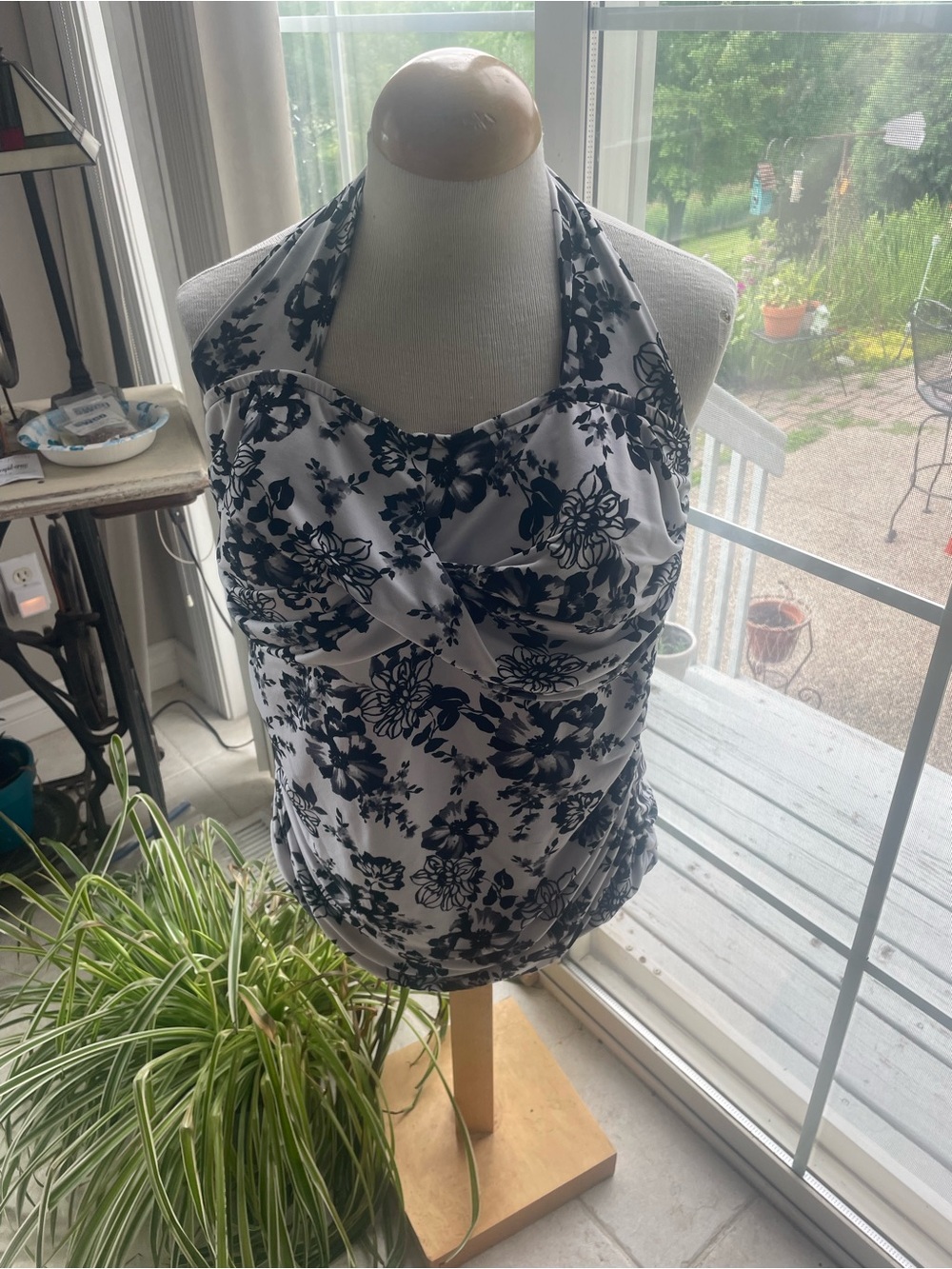 Catalina Black and White Floral Halter Tankini Top
